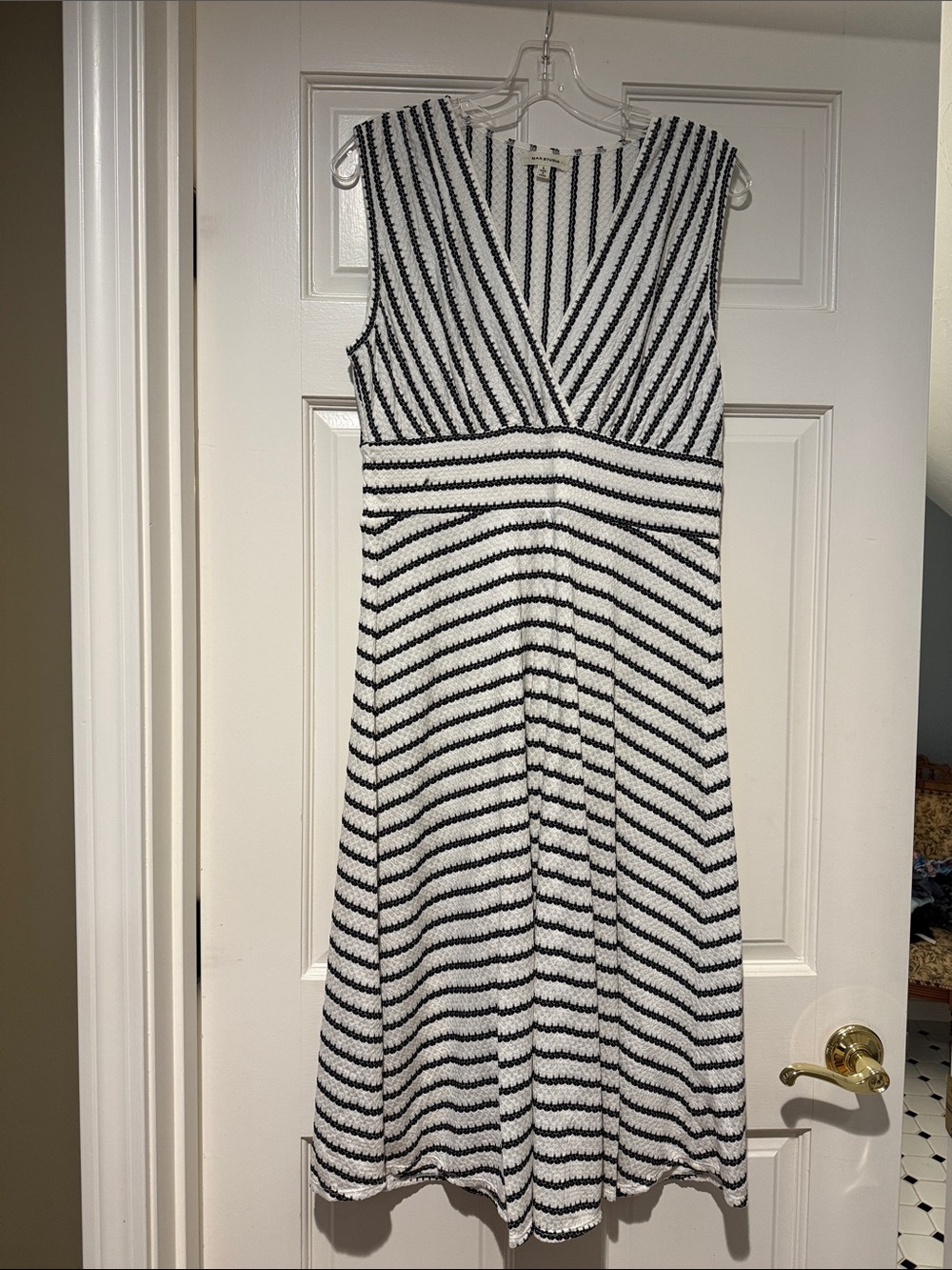 Max Studio Black and White Striped V-Neck Sleeveless Dress